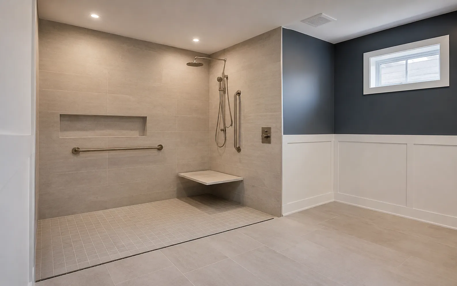 Accessible basement bathroom with a wet-room layout and grab bars, built for aging-in-place in an Ottawa home