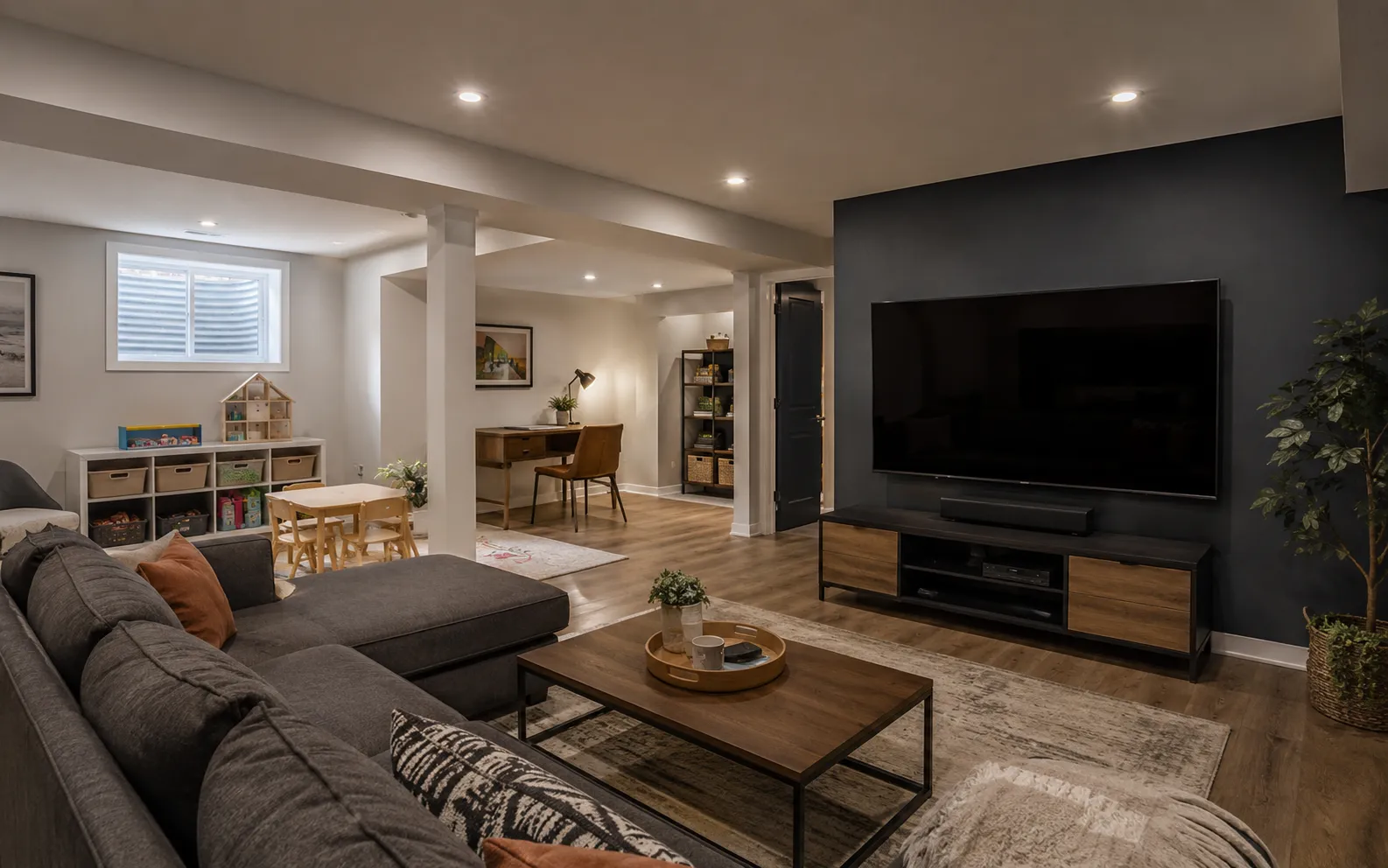 Finished Ottawa basement living space, family room with a code-correct egress window