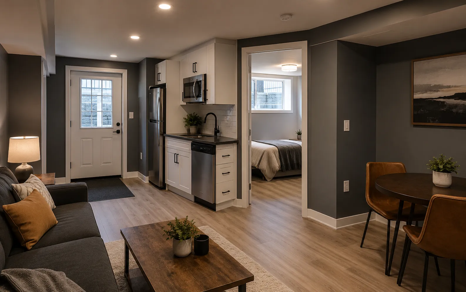 Gloucester, Ottawa — kitchenette and fire-rated framing inside a legal Ottawa basement suite