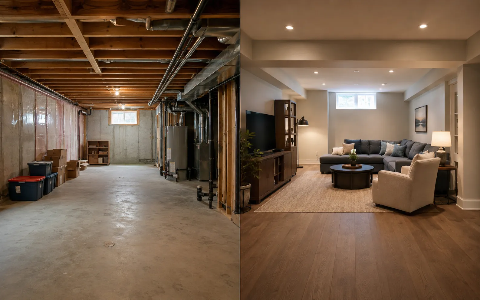 Ottawa basement transformation, from raw unfinished foundation to a refined finished living space
