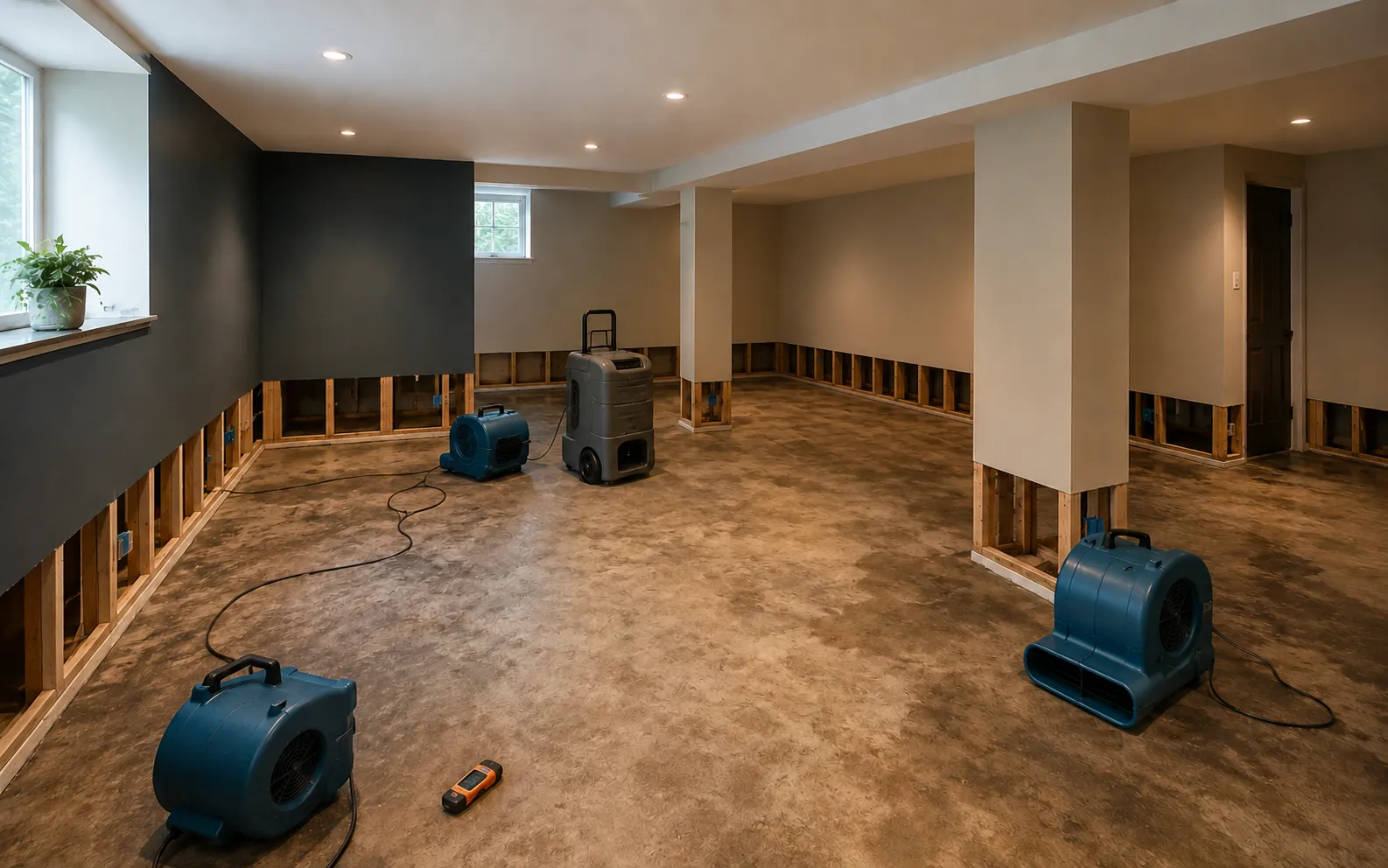 Ottawa basement flood restoration in progress, extraction and drying equipment set up after water damage