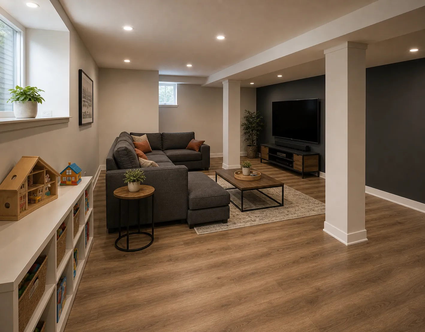 After view of an Ottawa basement family room project finished with drywall, recessed lighting, flooring, media wall, sofa, and play area