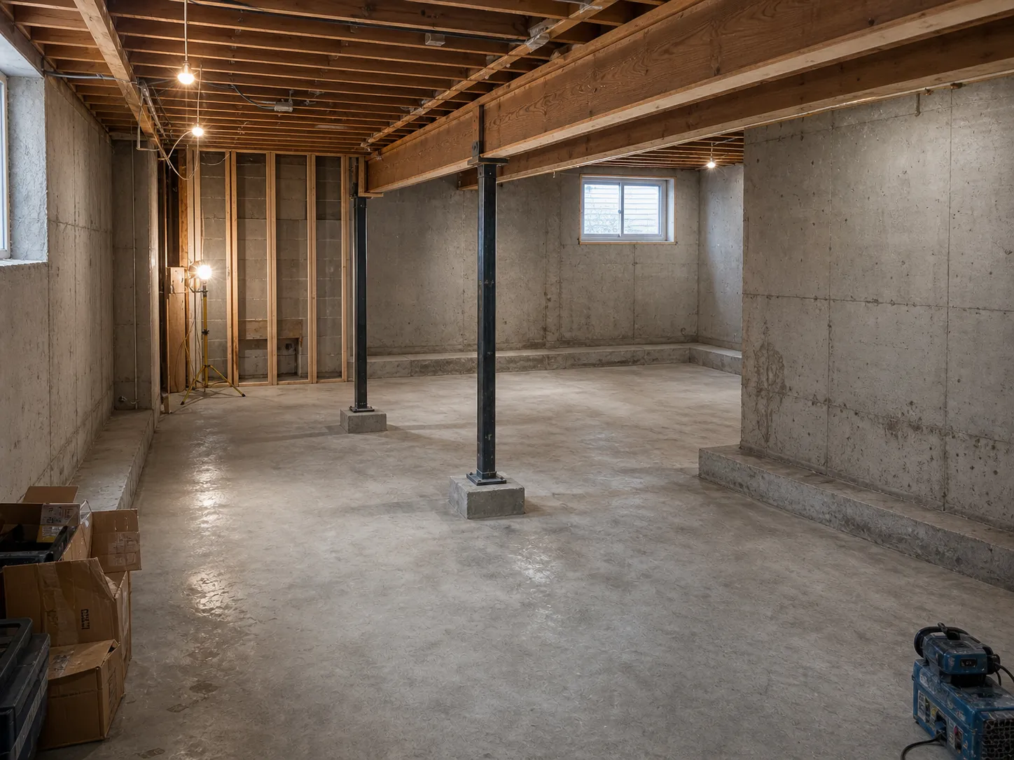Before view of an Ottawa basement family room project with exposed joists, slab floor, framing, and construction storage