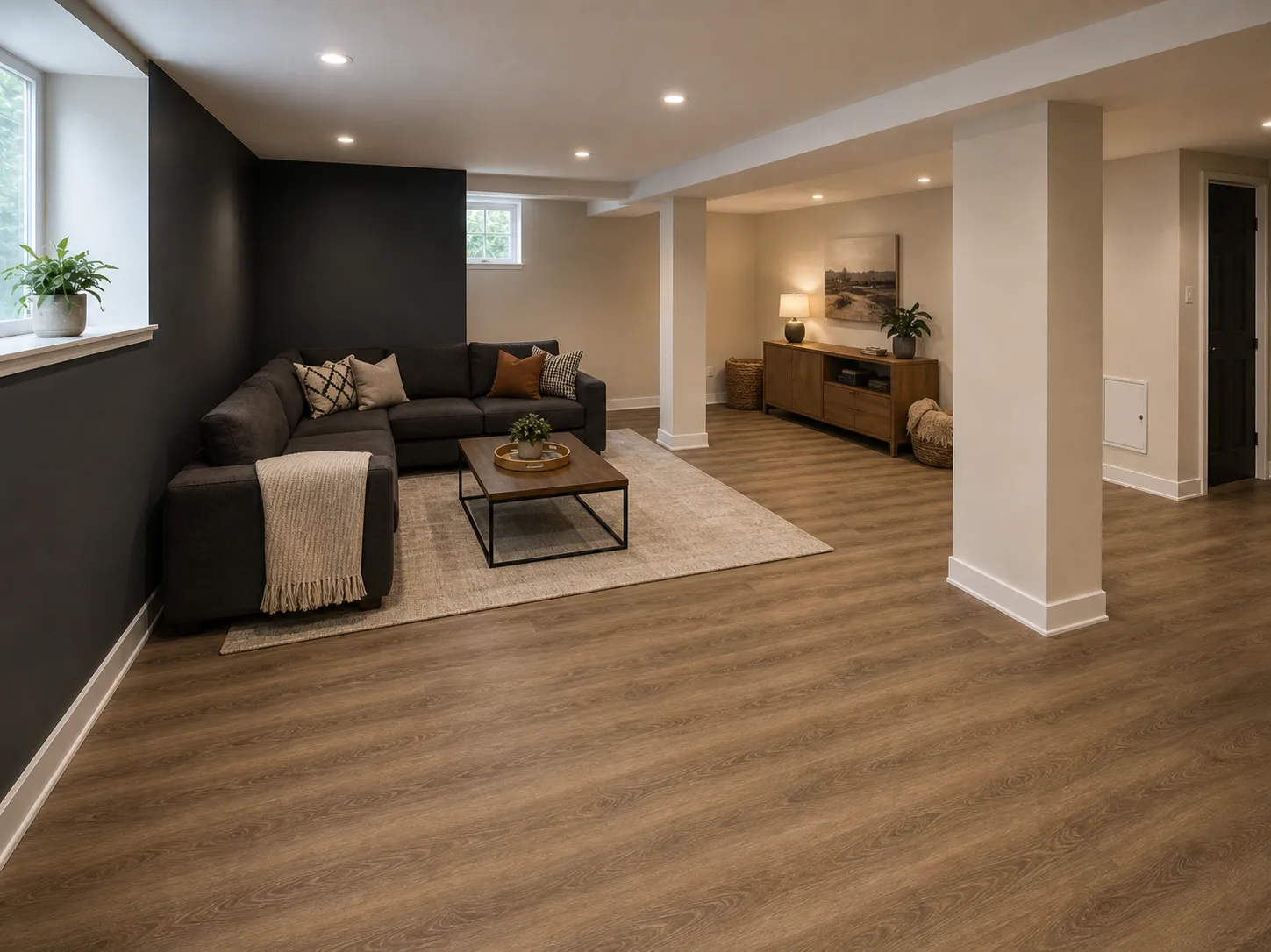After view of an Ottawa basement flood rebuild restored with finished walls, flooring, lighting, sofa, and clean living area