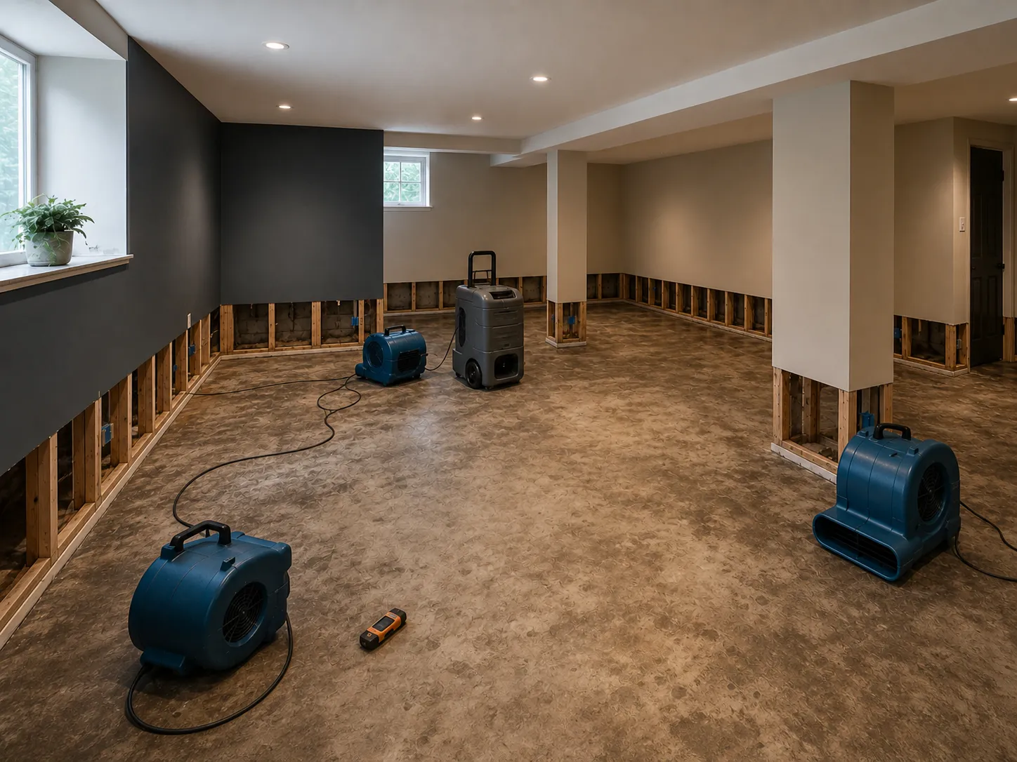 Before view of an Ottawa basement flood rebuild with lower drywall removed, exposed studs, fans, and dehumidifier equipment