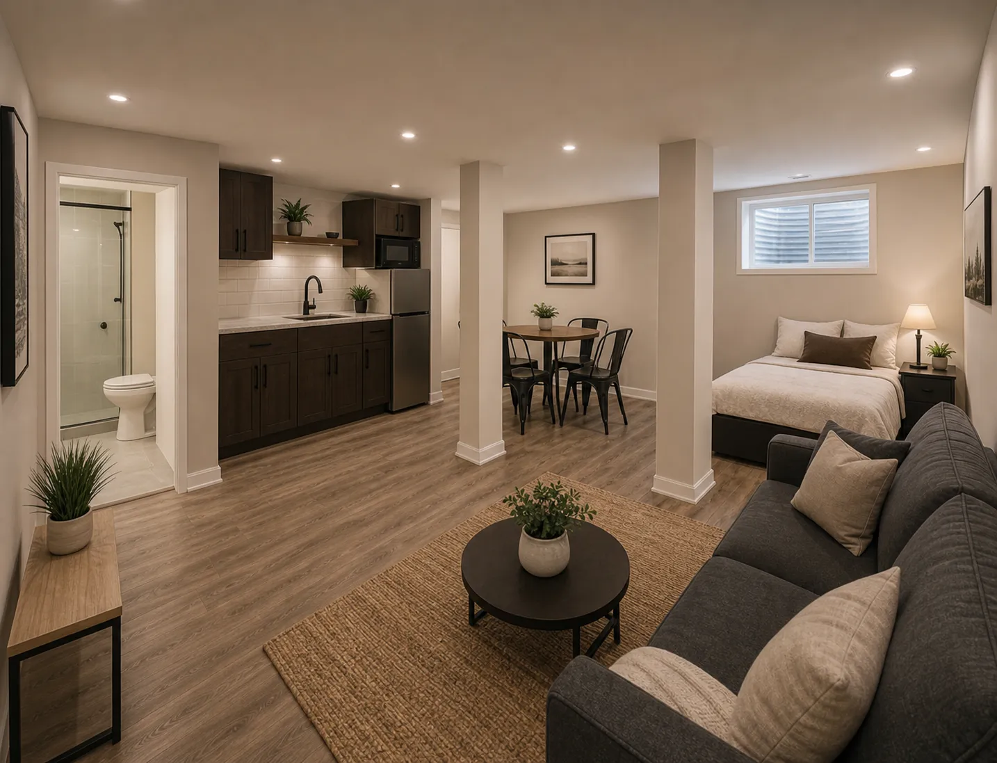 After view of an Ottawa basement legal suite project finished with kitchenette, living space, flooring, lighting, and egress window