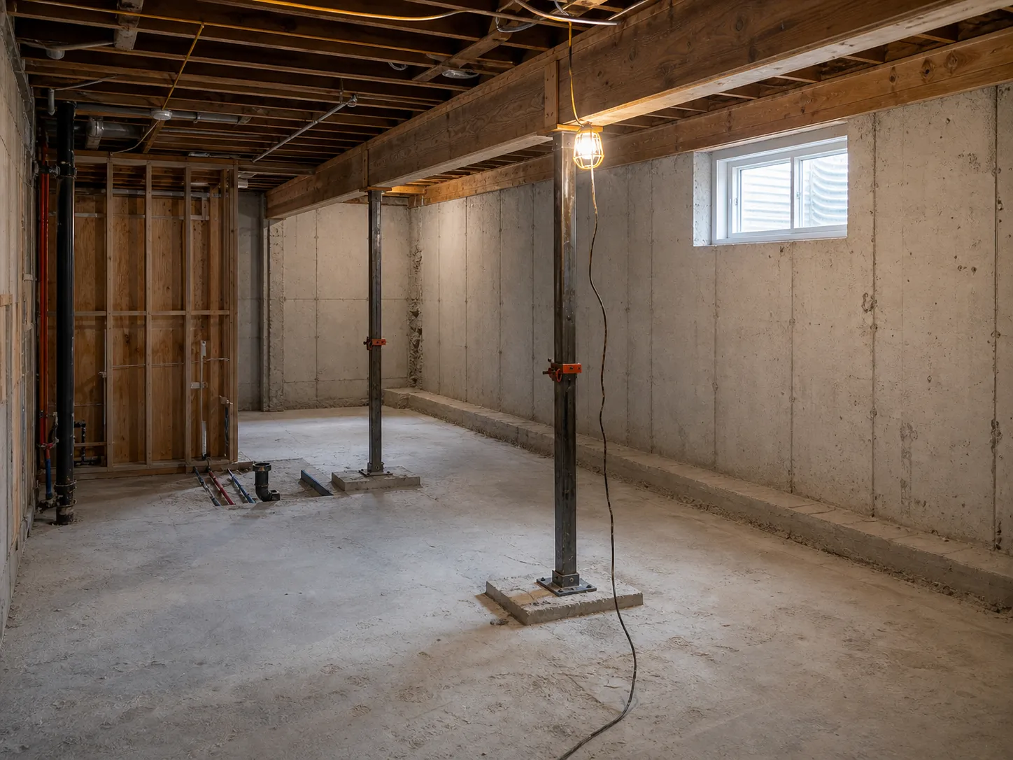 Before view of an Ottawa basement legal suite project with rough framing, plumbing layout, exposed ceiling, and bare slab