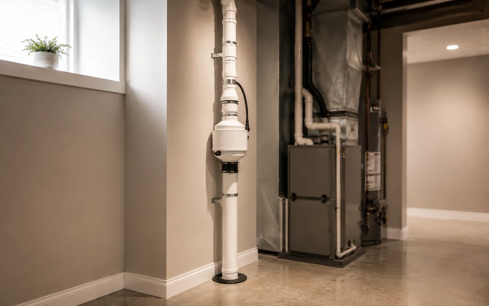 Radon mitigation system in a finished Ottawa basement utility room, sealed sump, vent pipe, and manometer